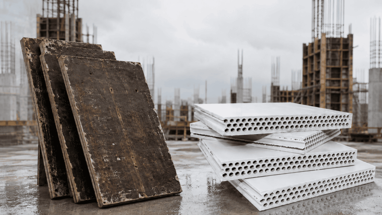 Comparison of worn plywood formwork panels and white plastic formwork panels on a construction site, highlighting material durability and cost-per-use differences.