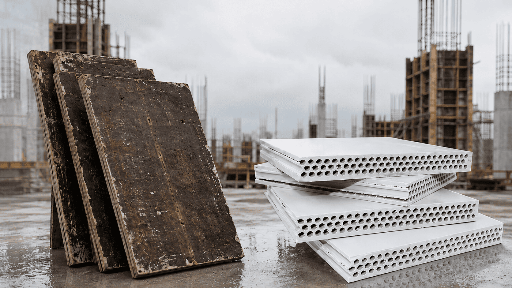 Comparison of worn plywood formwork panels and white plastic formwork panels on a construction site, highlighting material durability and cost-per-use differences.