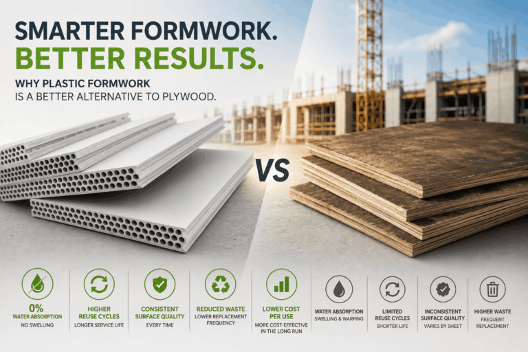 Plastic formwork vs plywood comparison showing reusable plastic formwork panels and traditional plywood formwork on a construction site.